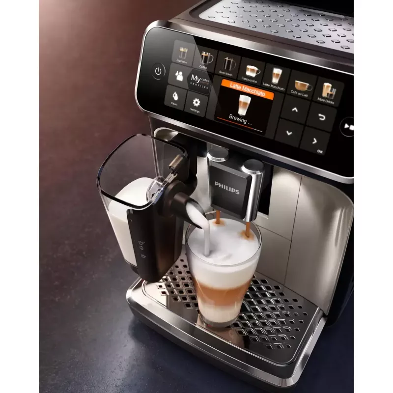 Espressomasin Philips EP5447/90 — täisautomaatne, 1,8 L veepaak, 275 g oanõu, 15 baari, 0,26 L piimapaak