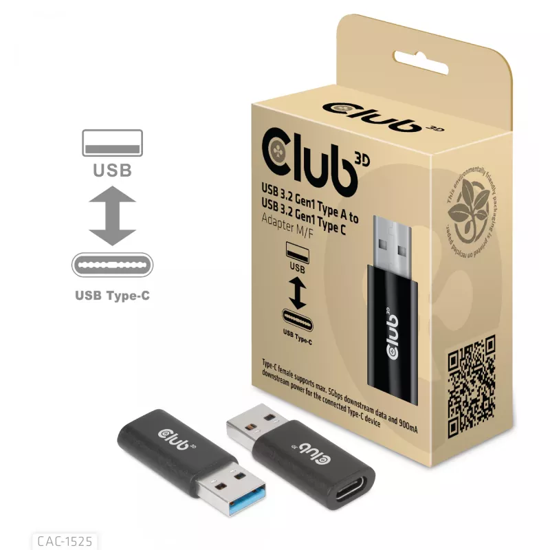 CLUB3D USB 3.2 Gen1 Tüüp A–USB 3.2 Gen1 Type C adapter M/F