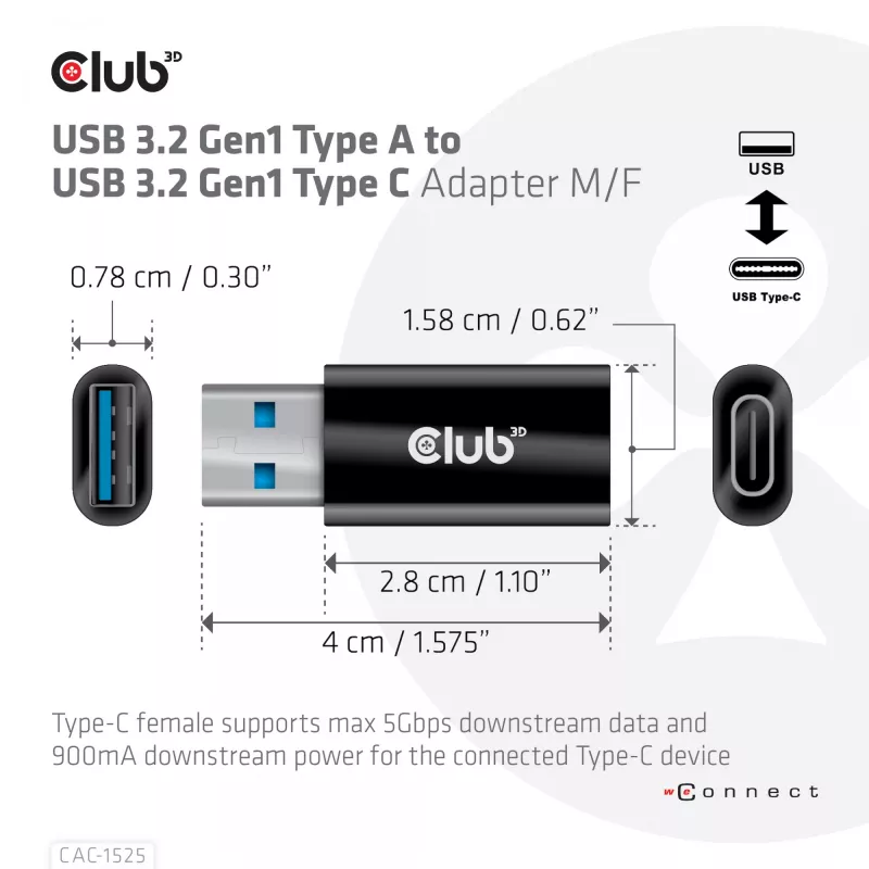 CLUB3D USB 3.2 Gen1 Tüüp A–USB 3.2 Gen1 Type C adapter M/F