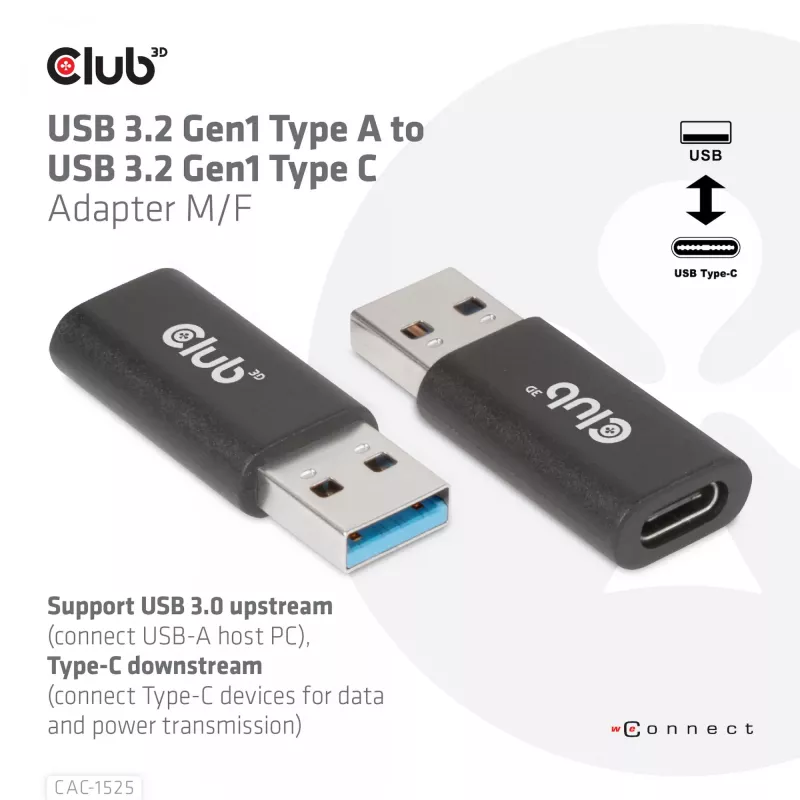 CLUB3D USB 3.2 Gen1 Tüüp A–USB 3.2 Gen1 Type C adapter M/F