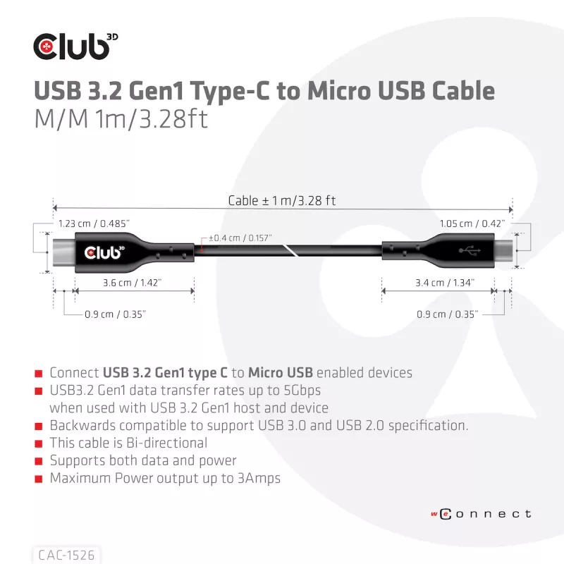 CLUB3D USB 3.2 Gen1 USB-C to Micro USB kaabel M/M 1 m / 3,28 jalga