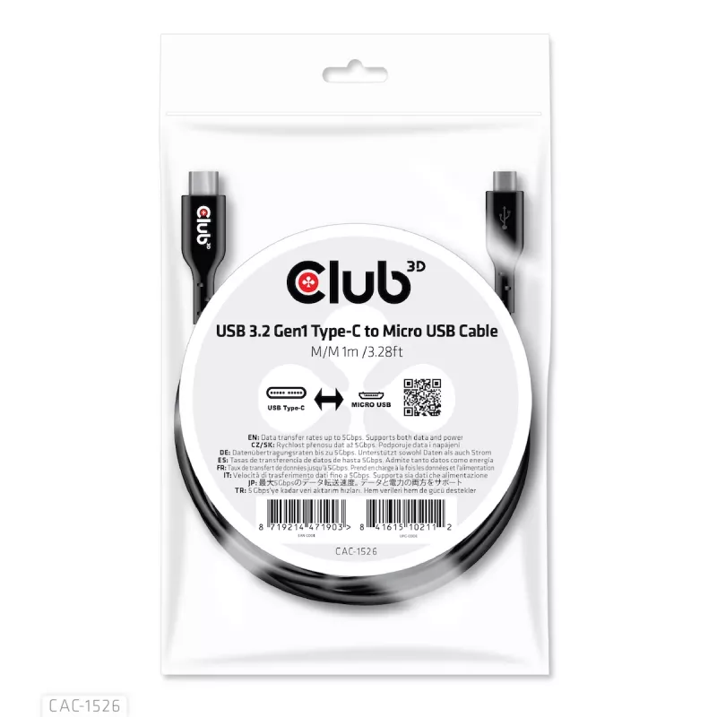 CLUB3D USB 3.2 Gen1 USB-C to Micro USB kaabel M/M 1 m / 3,28 jalga