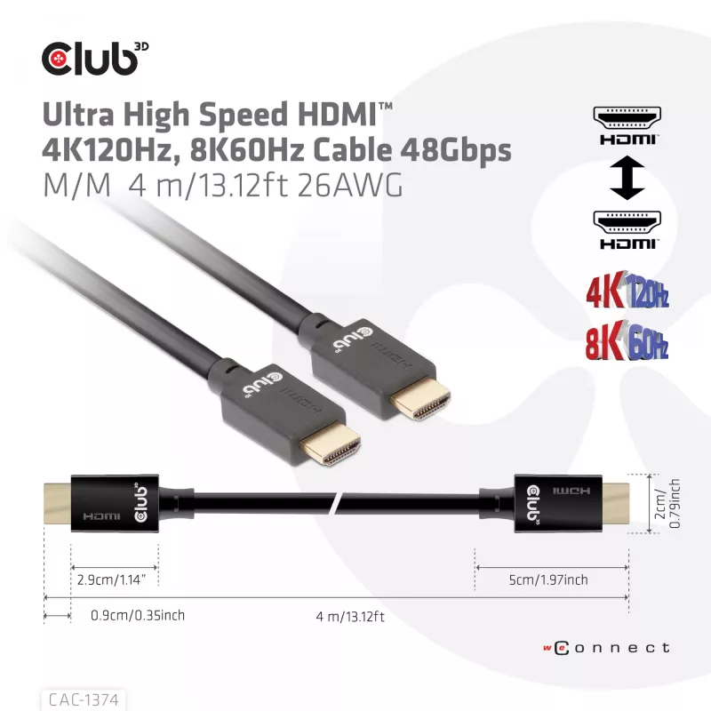 CLUB3D Ultra High Speed HDMI™ 4K120Hz, 8K60Hz kaabel 48Gbps M/M 4 m/13.12ft 26AWG