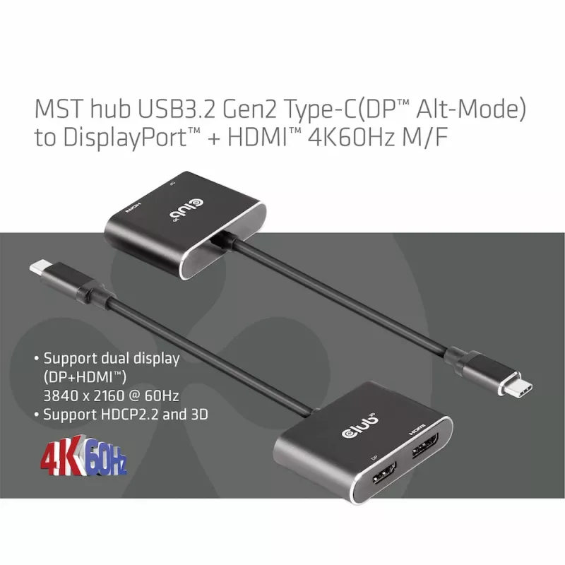 CLUB3D MST jaotur USB3.2 Gen2 USB-C(DP Alt-Mode) DisplayPort + HDMI 4K60Hz M/F