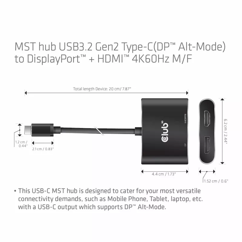 CLUB3D MST jaotur USB3.2 Gen2 USB-C(DP Alt-Mode) DisplayPort + HDMI 4K60Hz M/F
