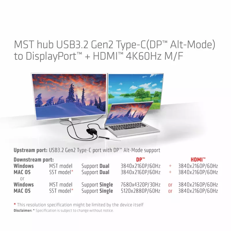 CLUB3D MST jaotur USB3.2 Gen2 USB-C(DP Alt-Mode) DisplayPort + HDMI 4K60Hz M/F