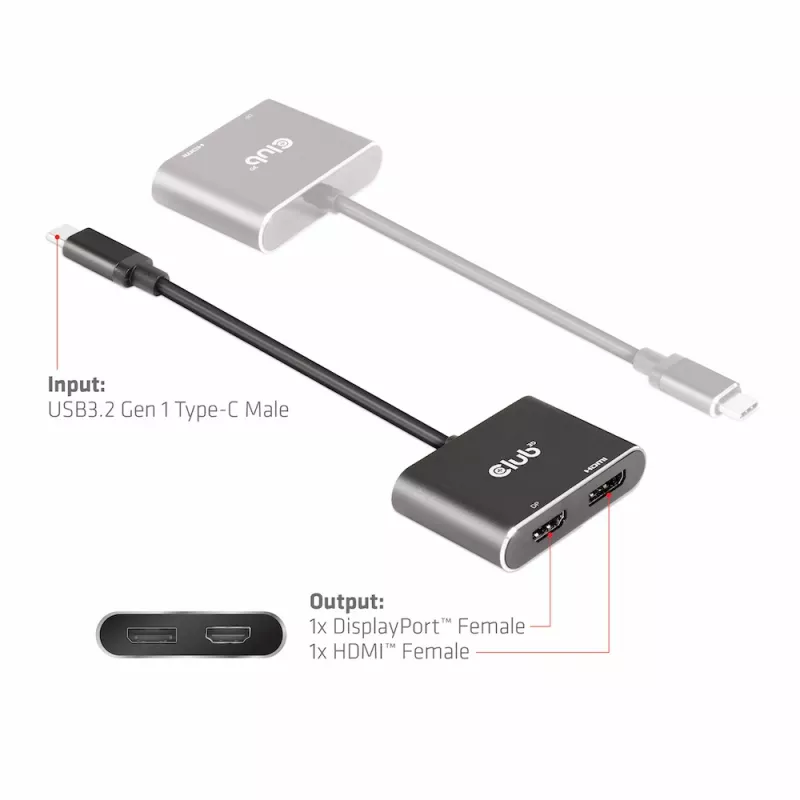 CLUB3D MST jaotur USB3.2 Gen2 USB-C(DP Alt-Mode) DisplayPort + HDMI 4K60Hz M/F