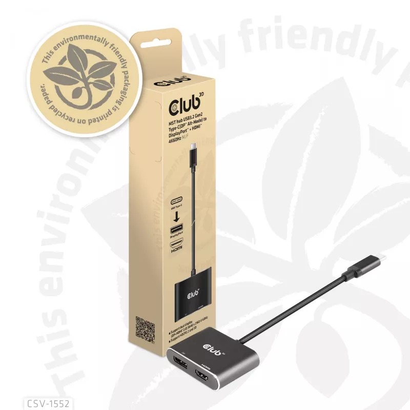 CLUB3D MST jaotur USB3.2 Gen2 USB-C(DP Alt-Mode) DisplayPort + HDMI 4K60Hz M/F