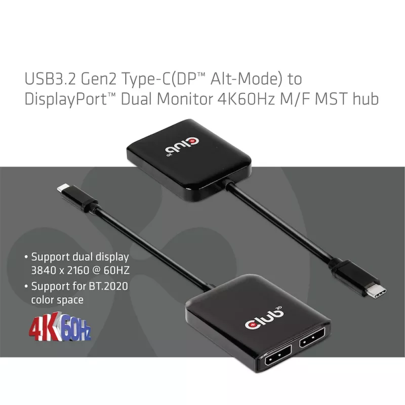 CLUB3D USB3.2 Gen2 USB-C(DP™ Alt-Mode) DisplayPort™-le kahe monitori 4K60Hz M/F MST jaotur
