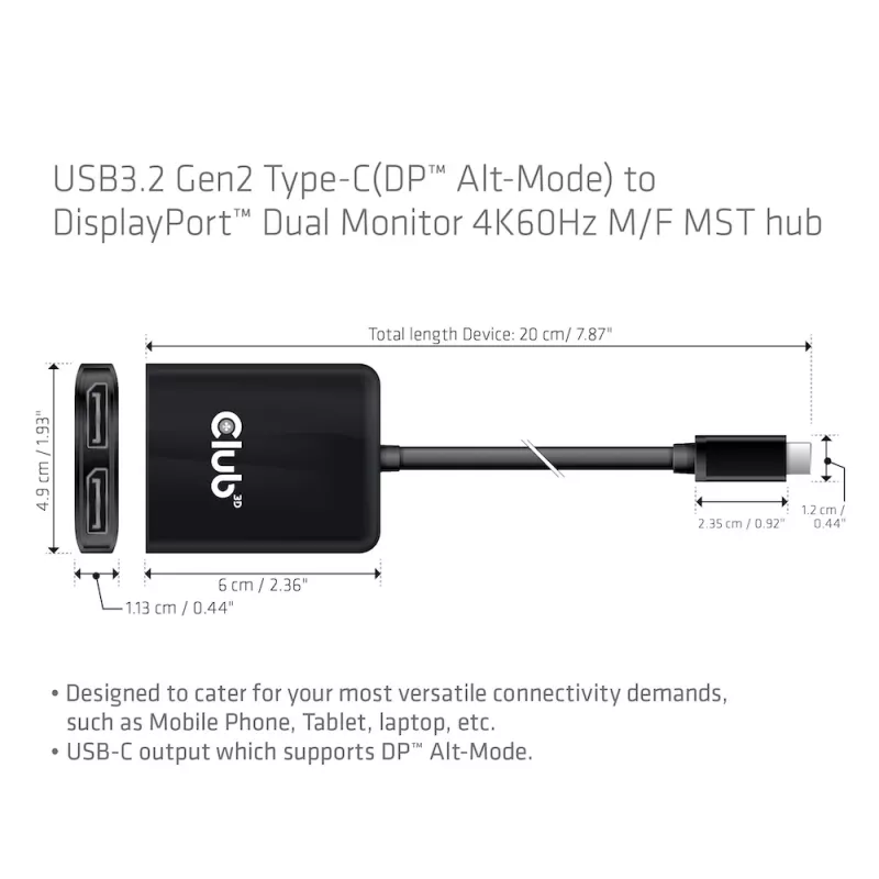 CLUB3D USB3.2 Gen2 USB-C(DP™ Alt-Mode) DisplayPort™-le kahe monitori 4K60Hz M/F MST jaotur