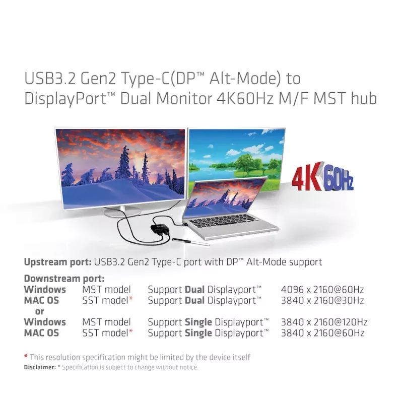 CLUB3D USB3.2 Gen2 USB-C(DP™ Alt-Mode) DisplayPort™-le kahe monitori 4K60Hz M/F MST jaotur