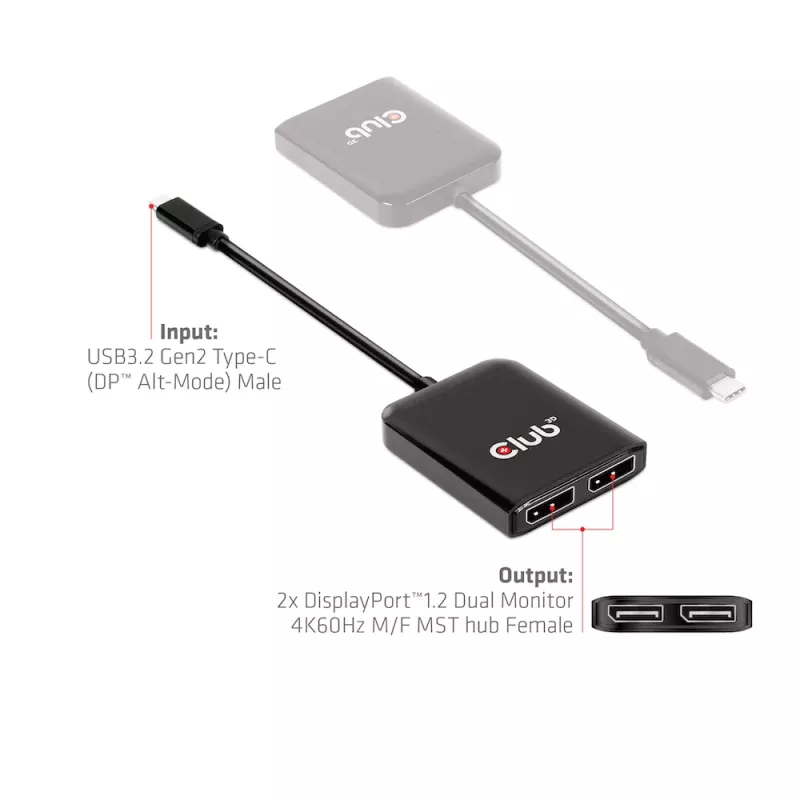 CLUB3D USB3.2 Gen2 USB-C(DP™ Alt-Mode) DisplayPort™-le kahe monitori 4K60Hz M/F MST jaotur