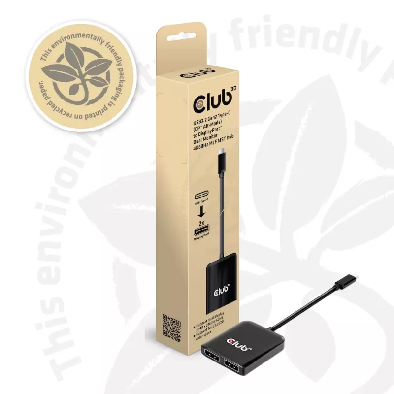 CLUB3D USB3.2 Gen2 USB-C(DP™ Alt-Mode) DisplayPort™-le kahe monitori 4K60Hz M/F MST jaotur