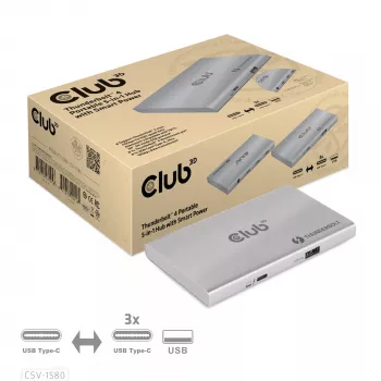 CLUB3D sertifitseeritud Thunderbolt™4 kaasaskantav 5-ühes jaotur nutika toitejaotusega
