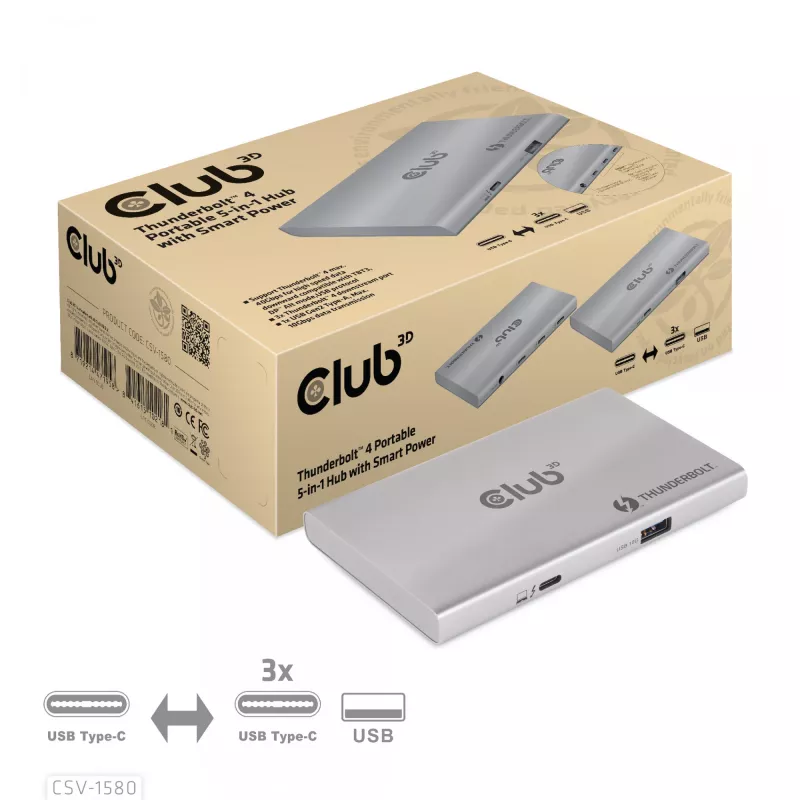 CLUB3D sertifitseeritud Thunderbolt™4 kaasaskantav 5-ühes jaotur nutika toitejaotusega