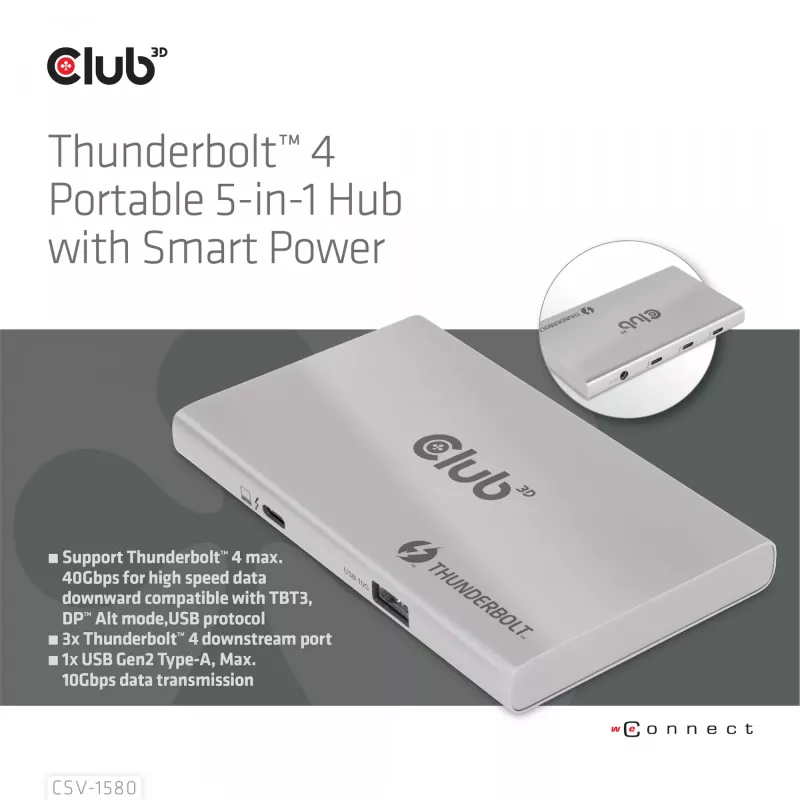 CLUB3D sertifitseeritud Thunderbolt™4 kaasaskantav 5-ühes jaotur nutika toitejaotusega
