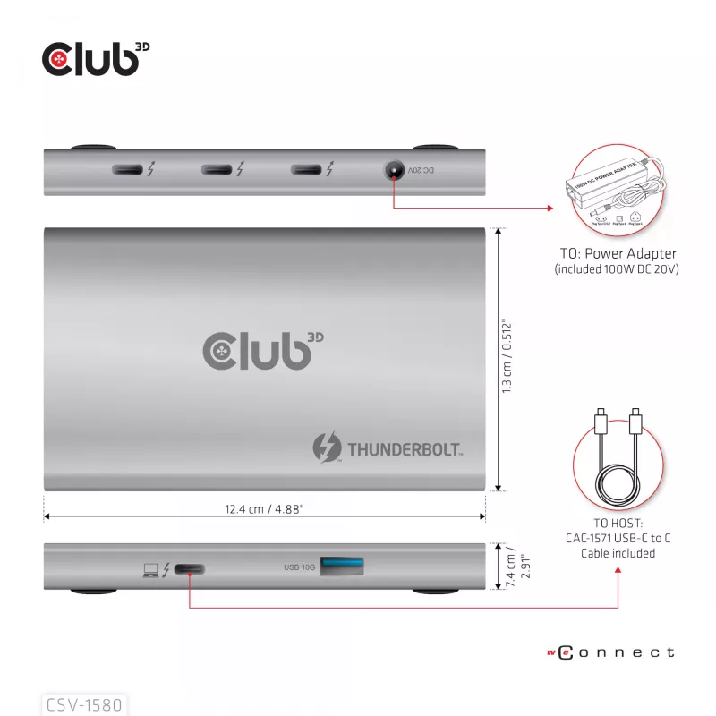 CLUB3D sertifitseeritud Thunderbolt™4 kaasaskantav 5-ühes jaotur nutika toitejaotusega