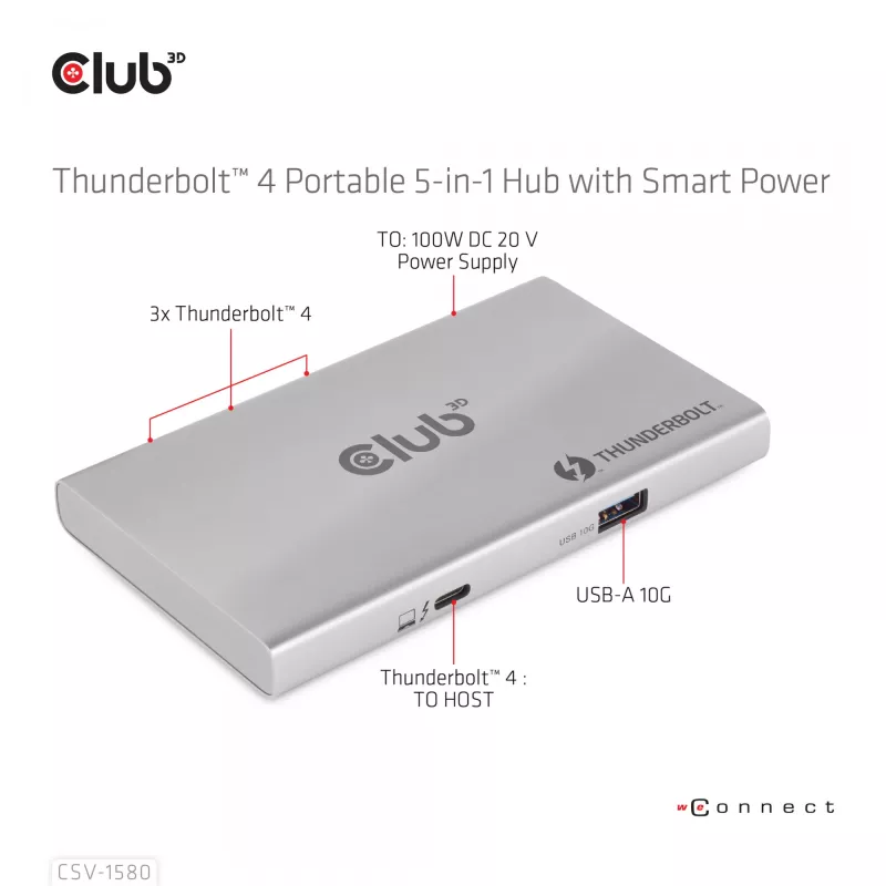 CLUB3D sertifitseeritud Thunderbolt™4 kaasaskantav 5-ühes jaotur nutika toitejaotusega
