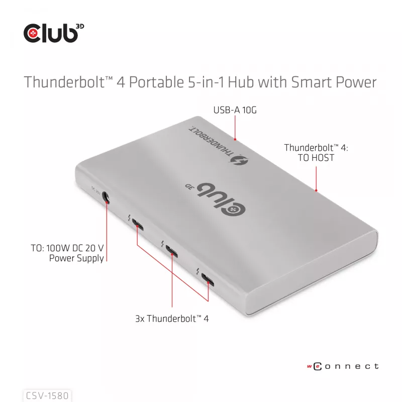 CLUB3D sertifitseeritud Thunderbolt™4 kaasaskantav 5-ühes jaotur nutika toitejaotusega