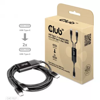 CLUB3D USB USB-C, Y-laadimiskaabel 2x USB USB-C, max 100 W, 1,83 m/6 jalga M/M