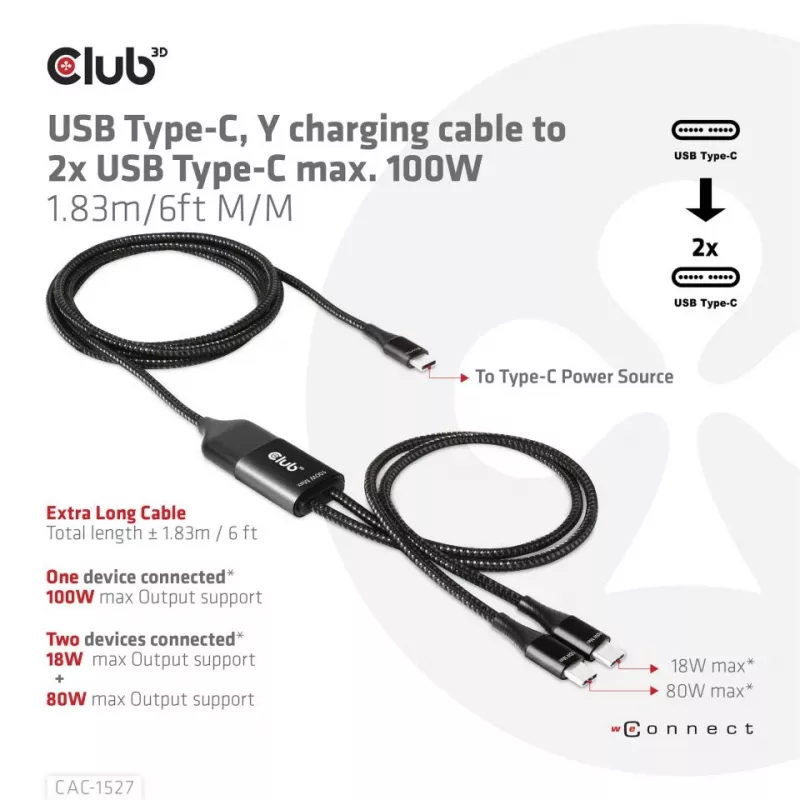 CLUB3D USB USB-C, Y-laadimiskaabel 2x USB USB-C, max 100 W, 1,83 m/6 jalga M/M
