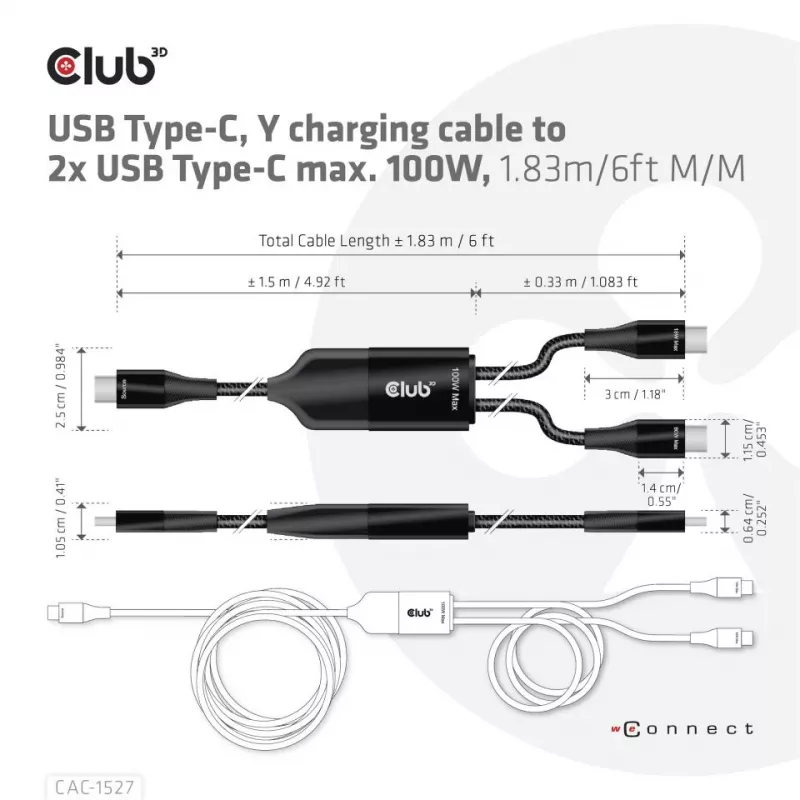 CLUB3D USB USB-C, Y-laadimiskaabel 2x USB USB-C, max 100 W, 1,83 m/6 jalga M/M