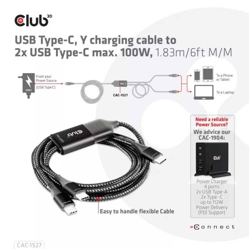 CLUB3D USB USB-C, Y-laadimiskaabel 2x USB USB-C, max 100 W, 1,83 m/6 jalga M/M