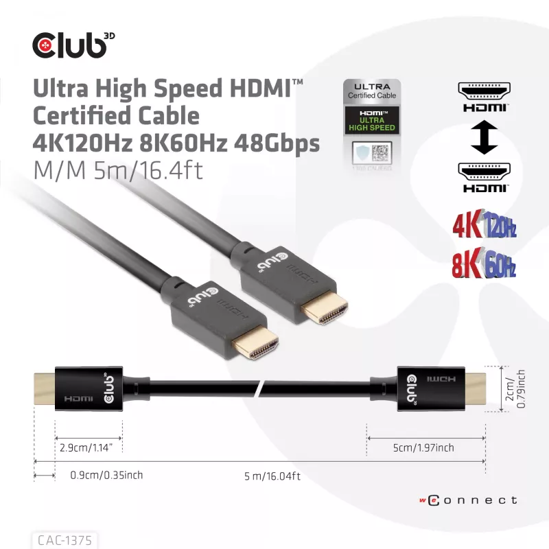 CLUB3D Ultra High Speed HDMI™ sertifitseeritud kaabel 4K120Hz 8K60Hz 48Gbps M/M 5m/16.4ft