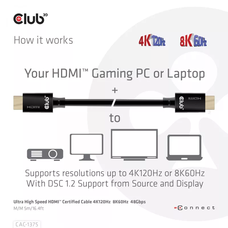 CLUB3D Ultra High Speed HDMI™ sertifitseeritud kaabel 4K120Hz 8K60Hz 48Gbps M/M 5m/16.4ft