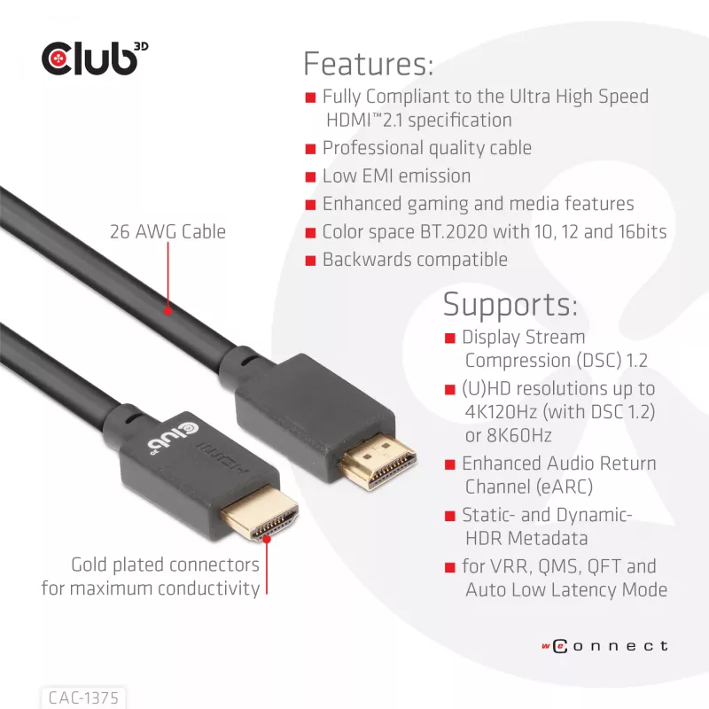 CLUB3D Ultra High Speed HDMI™ sertifitseeritud kaabel 4K120Hz 8K60Hz 48Gbps M/M 5m/16.4ft