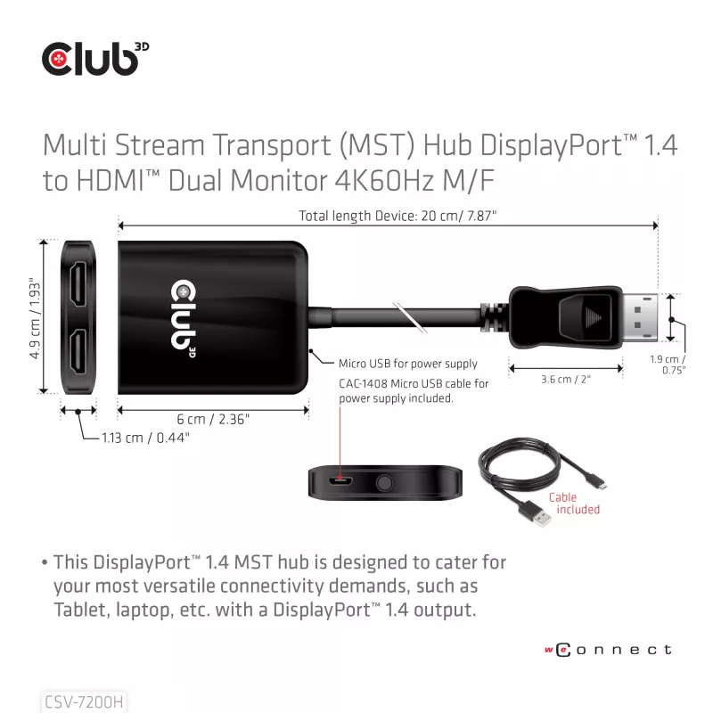 CLUB3D Multi Stream Transport (MST) Hub DisplayPort 1.4 HDMI-le kahe monitori 4K60Hz M/F