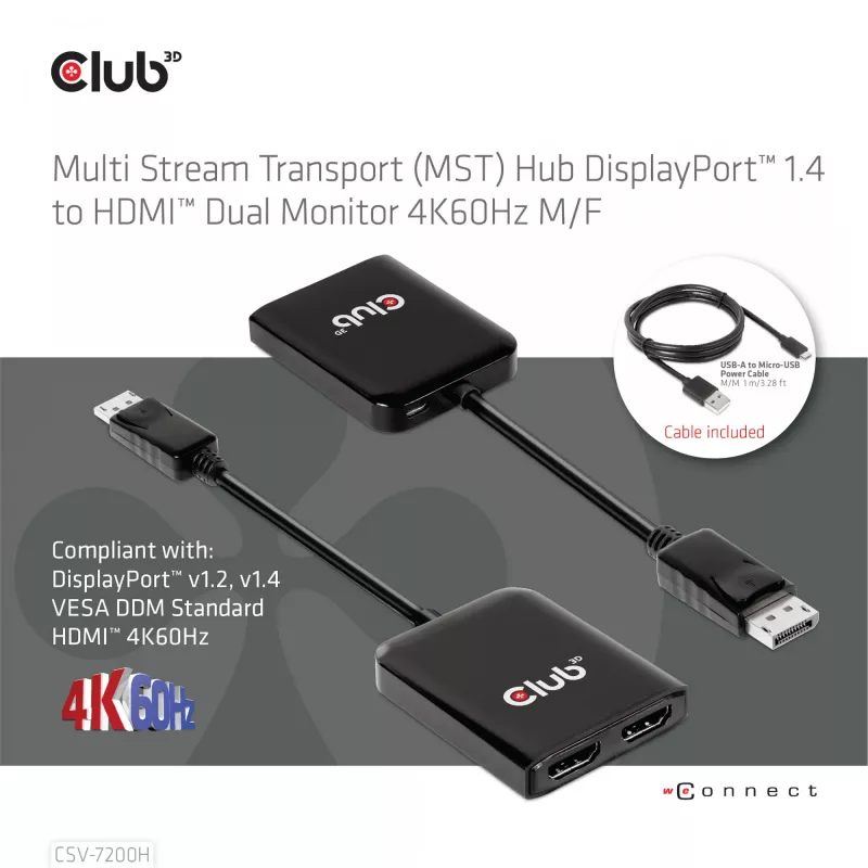 CLUB3D Multi Stream Transport (MST) Hub DisplayPort 1.4 HDMI-le kahe monitori 4K60Hz M/F