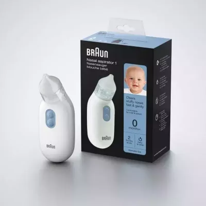Elektriline ninaaspiraator BRAUN BNA 100 — patareitoitega, reguleeritav imemisvõimsus, eemaldatavad otsikud, valge