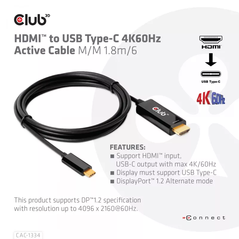 CLUB3D HDMI-USB USB-C 4K60Hz aktiivkaabel M/M 1,8m/6 jalga