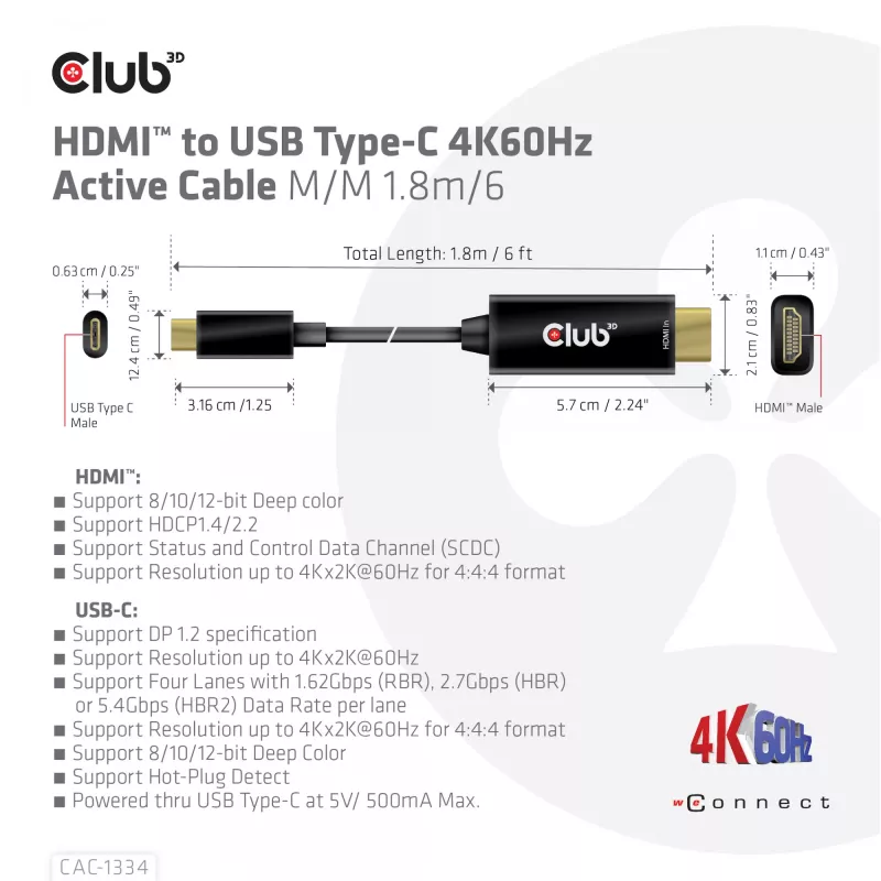 CLUB3D HDMI-USB USB-C 4K60Hz aktiivkaabel M/M 1,8m/6 jalga
