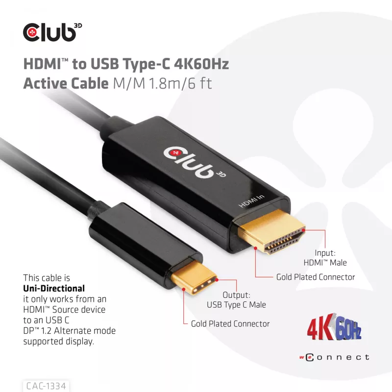 CLUB3D HDMI-USB USB-C 4K60Hz aktiivkaabel M/M 1,8m/6 jalga