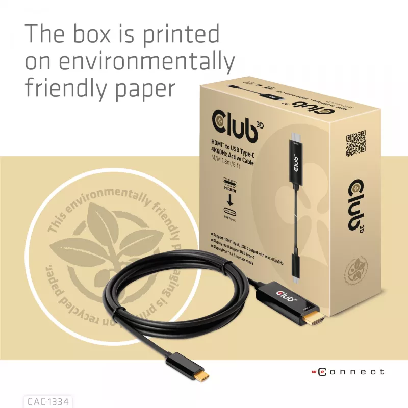 CLUB3D HDMI-USB USB-C 4K60Hz aktiivkaabel M/M 1,8m/6 jalga