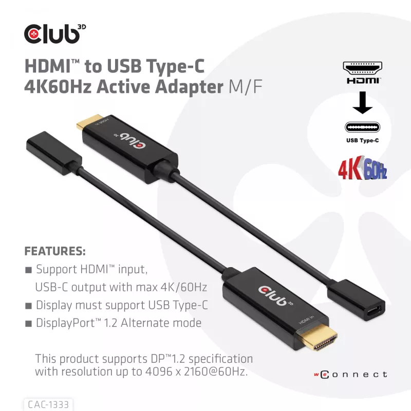 CLUB3D HDMI to USB USB-C aktiivne adapter 4K60Hz M/F