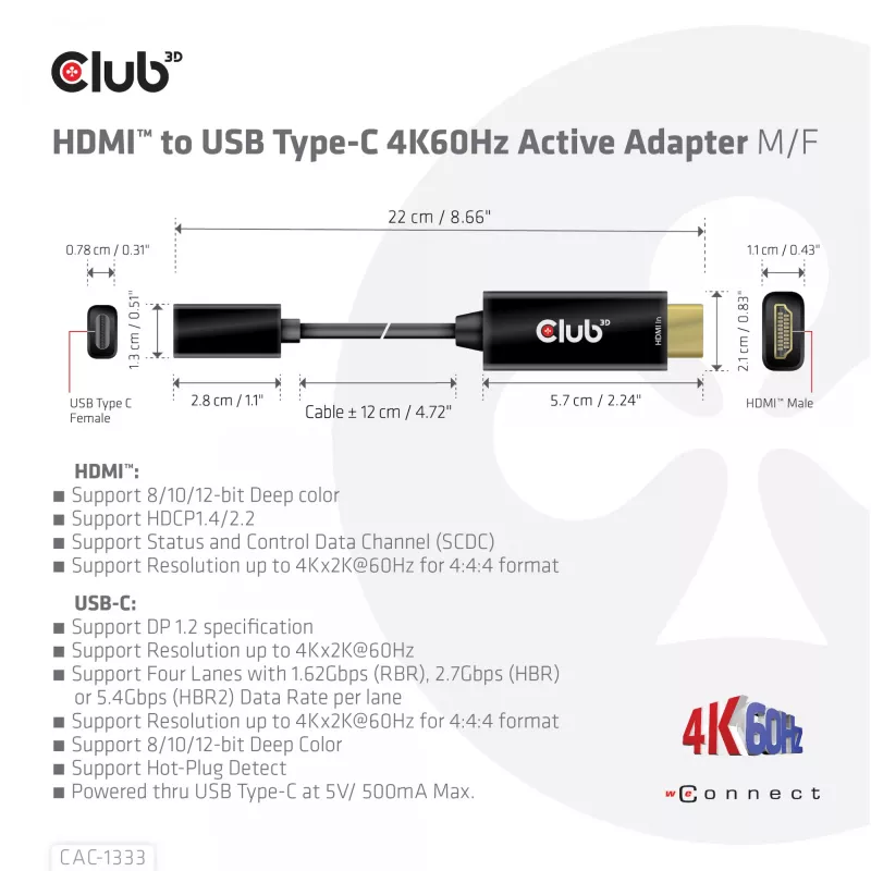 CLUB3D HDMI to USB USB-C aktiivne adapter 4K60Hz M/F