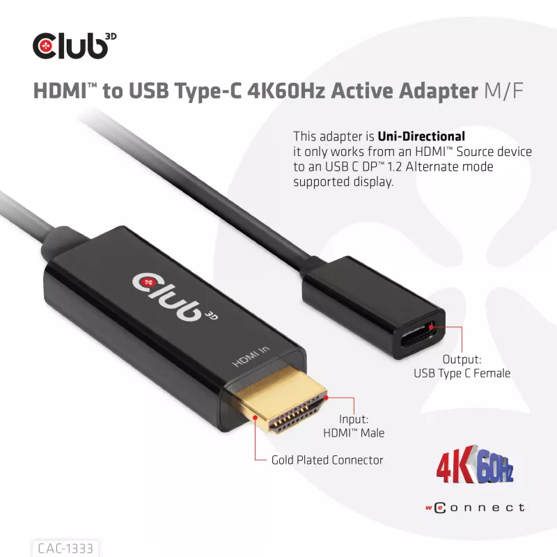 CLUB3D HDMI to USB USB-C aktiivne adapter 4K60Hz M/F