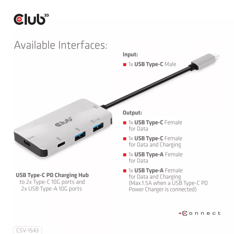 CLUB3D USB Gen2 Type-C PD laadimishub 2x Type-C 10G porti ja 2x USB Type-A 10G porti