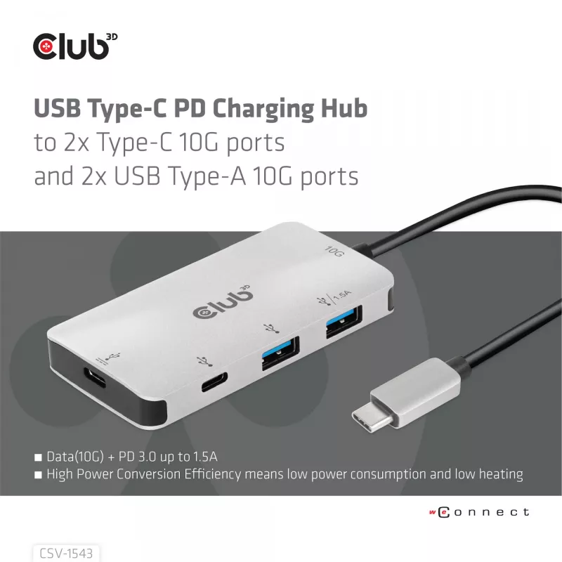 CLUB3D USB Gen2 Type-C PD laadimishub 2x Type-C 10G porti ja 2x USB Type-A 10G porti