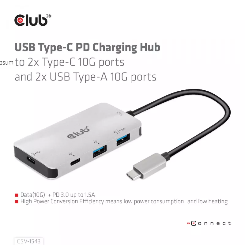 CLUB3D USB Gen2 Type-C PD laadimishub 2x Type-C 10G porti ja 2x USB Type-A 10G porti