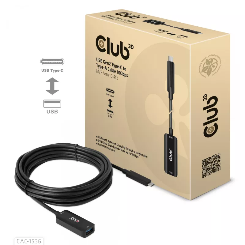 CLUB3D USB Gen2 USB-C to Type-A kaabel 10Gbps M/F 5m/16.4ft