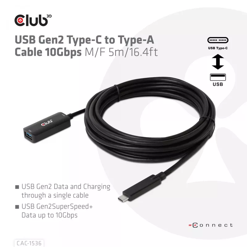 CLUB3D USB Gen2 USB-C to Type-A kaabel 10Gbps M/F 5m/16.4ft