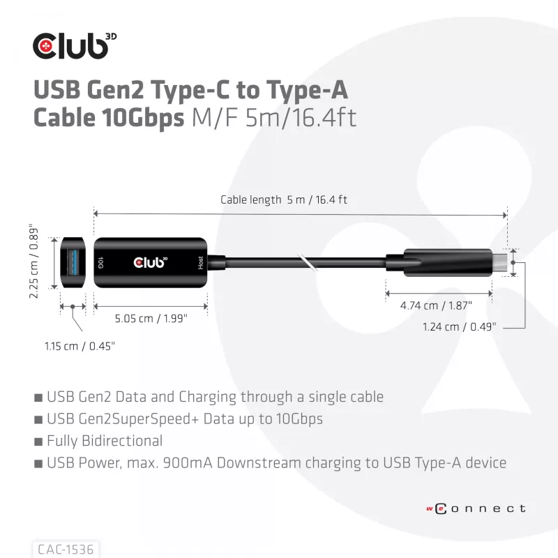 CLUB3D USB Gen2 USB-C to Type-A kaabel 10Gbps M/F 5m/16.4ft
