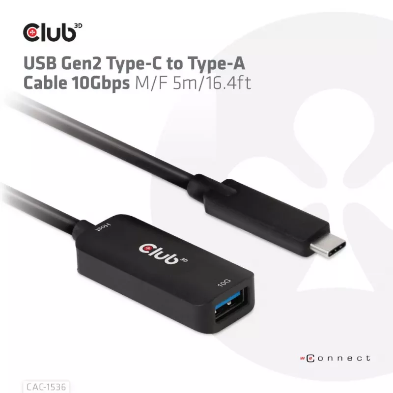 CLUB3D USB Gen2 USB-C to Type-A kaabel 10Gbps M/F 5m/16.4ft