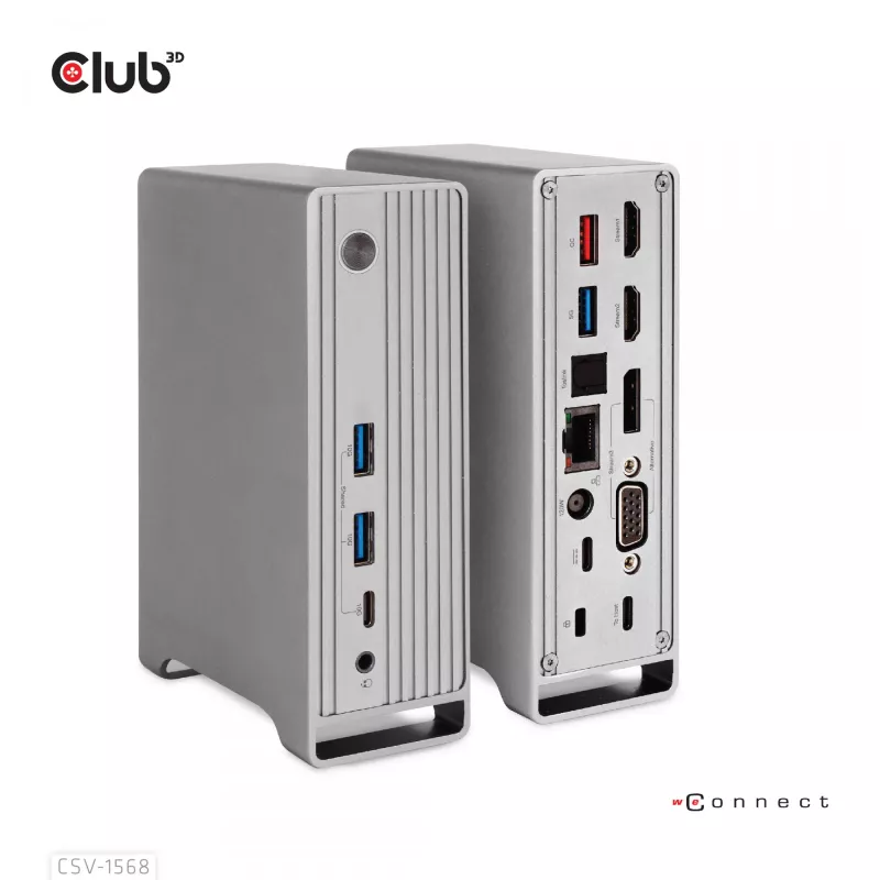 Dokkimisjaam CLUB3D CSV-1568 Metallkorpus USB Gen2 Type-C USB Gen2 Type-A HDMI DP VGA RJ45 120W