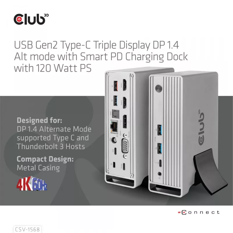 Dokkimisjaam CLUB3D CSV-1568 Metallkorpus USB Gen2 Type-C USB Gen2 Type-A HDMI DP VGA RJ45 120W