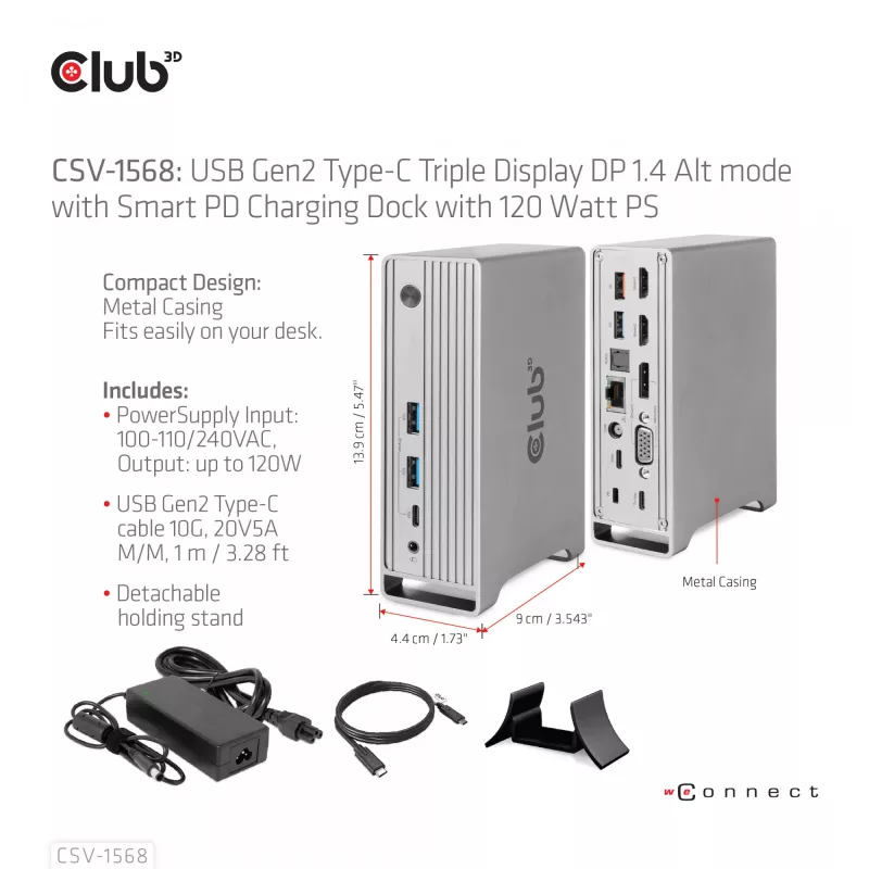 Dokkimisjaam CLUB3D CSV-1568 Metallkorpus USB Gen2 Type-C USB Gen2 Type-A HDMI DP VGA RJ45 120W